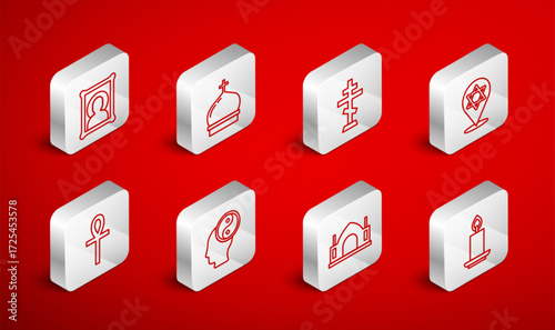 Set line Burning candle, Church tower, Christian cross, Star of David, Hindu spiritual temple, icon, Yin Yang and Cross ankh icon. Vector