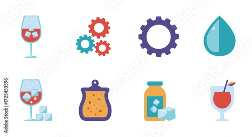 Collection of flat design icons representing drinks gears and a droplet
