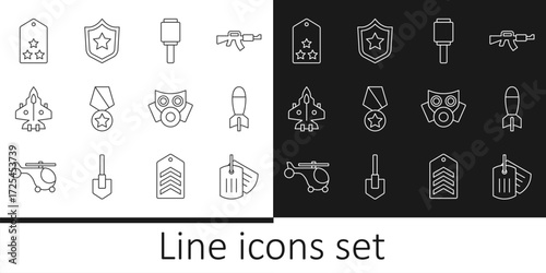 Set line Military dog tag, Rocket launcher, Anti-tank hand grenade, reward medal, Jet fighter, rank, Gas mask and Police badge icon. Vector