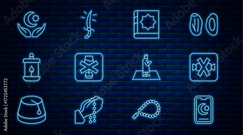 Set line Star and crescent, No sweets, Holy book of Koran, alcohol, Ramadan Kareem lantern, Muslim man prays and Arabian saber icon. Vector
