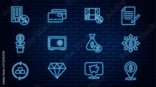 Set line Cash location, Dollar, share, network, Money percent, Safe, plant, House with percant discount, bag and Credit card icon. Vector