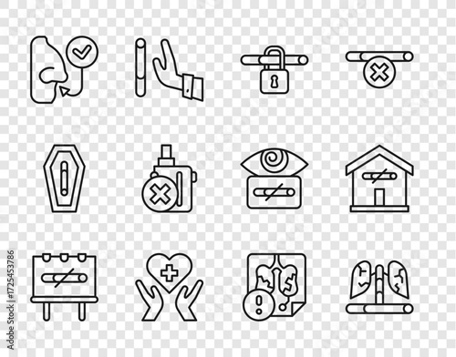 Set line No smoking, Disease lungs, Heart with cross, Healthy breathing, electronic cigarette, and home icon. Vector
