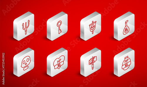 Set line Video game bar, Old key, Pirate flag, Lute, Medieval axe, Neptune Trident, and Skull icon. Vector
