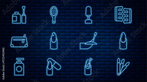 Set line False nails, Nail manicure, Milling cutter for, Broken, Cosmetic bag, Bottle of polish, Manicure and file icon. Vector