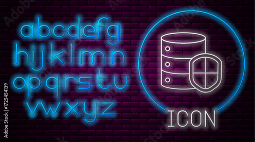 Glowing neon line Server with shield icon isolated on brick wall background. Protection against attacks. Network firewall, router, switch, data. Neon light alphabet. Vector Illustration