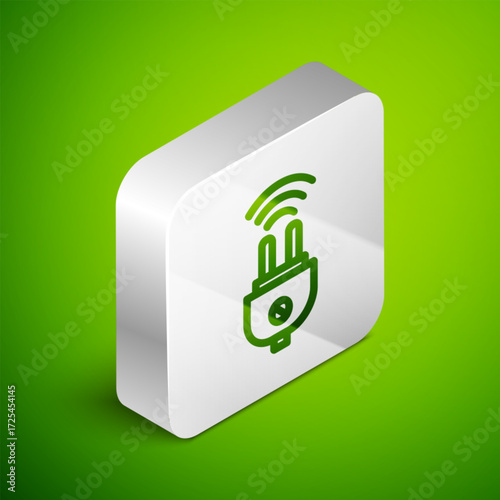Isometric line Smart electric plug system icon isolated on green background. Internet of things concept with wireless connection. Silver square button. Vector