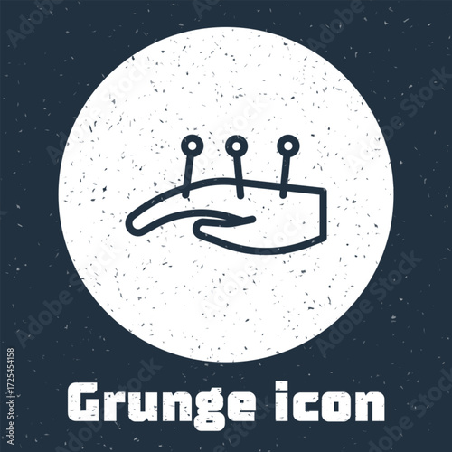 Grunge line Acupuncture therapy on the hand icon isolated on grey background. Chinese medicine. Holistic pain management treatments. Monochrome vintage drawing. Vector