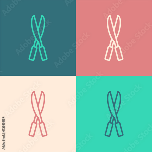 Pop art line Gardening handmade scissors for trimming icon isolated on color background. Pruning shears with wooden handles. Vector