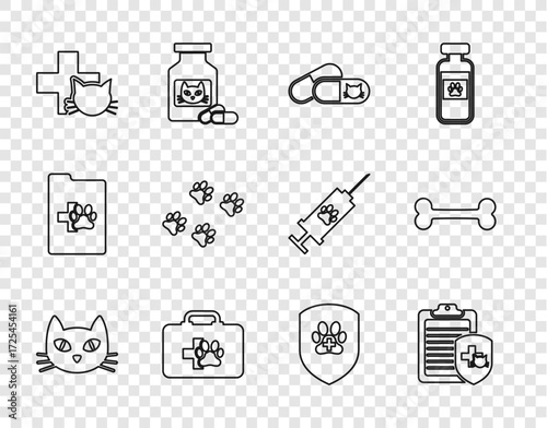 Set line Cat, Clinical record pet, and pills, Pet first aid kit, Veterinary clinic, Paw print, Animal health insurance and Dog bone icon. Vector