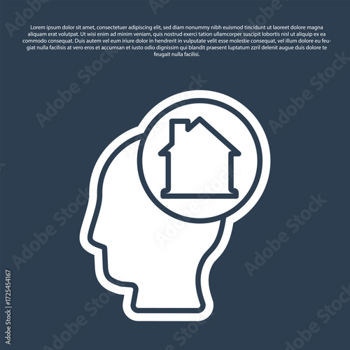 Blue line Man dreaming about buying a new house icon isolated on blue background. Vector