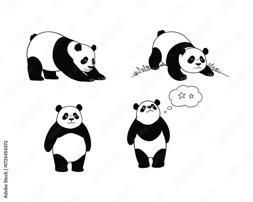 Obraz premium Four charming hand drawn illustrations of giant pandas in different playful and cute poses on a white background