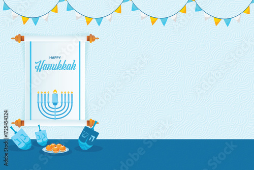A festive vector background for the Jewish holiday of Hanukkah. Features a decorative scroll, a lit menorah, sufganiyot and dreidels, with plenty of copy space for text.