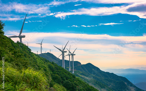 Wind turbine generator set on the top of Queya Mountain, Heyuan City, Guangdong Province, China