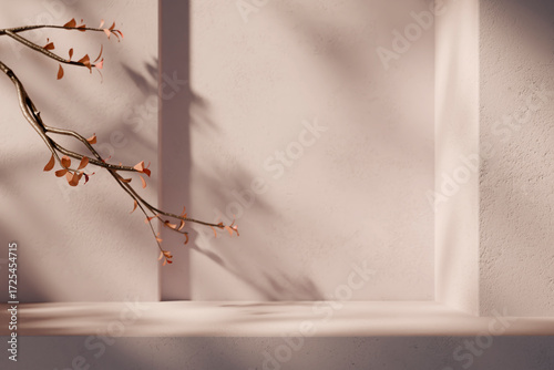 Minimal interior room with plant decor and sunlight shadow on wall. Autumn background for natural beauty and cosmetic product display mockup. Realistic 3d render