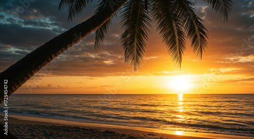 Sunset on the beach in a tropical island and palm trees, generative ai