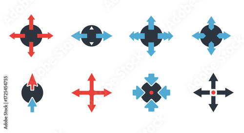 Set of directional arrow icons in red black and blue hues