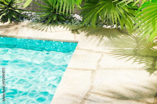 Luxury swimming pool with tropical plants landscape and natural stone path tiles. Poolside patio in mediterranean style holiday villa. Top view.
