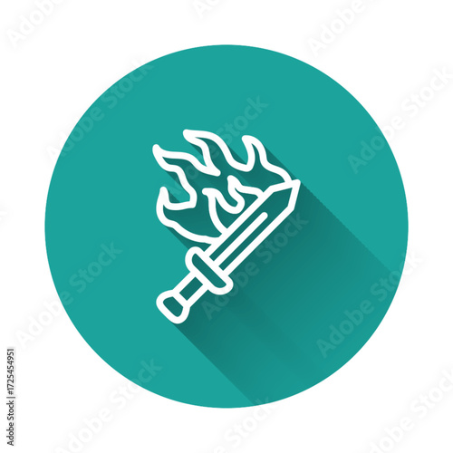 White line Sword for game icon isolated with long shadow background. Green circle button. Vector