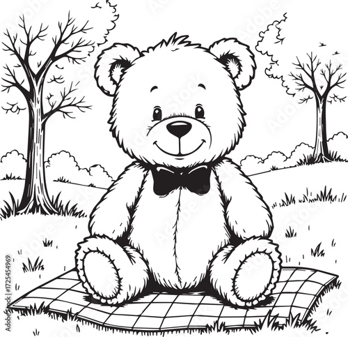 Whimsical Teddy Bear Illustration: A cute teddy bear sits contentedly on a picnic blanket. Against the backdrop of an inviting outdoor setting.