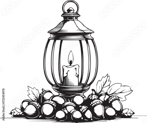 Glowing Lantern and Acorns: A serene monochrome depiction of an illuminated lantern casting a gentle glow amidst a pile of acorns and oak leaves. A perfect illustration of autumnal tranquility.