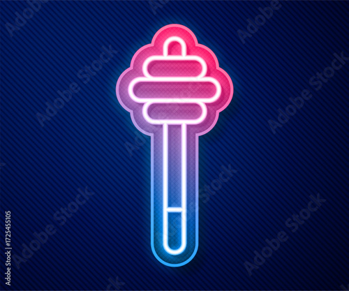 Glowing neon line Honey dipper stick icon isolated on blue background. Honey ladle. Vector