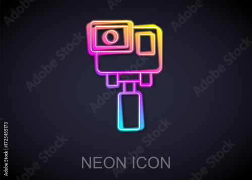 Glowing neon line Action extreme camera icon isolated on black background. Video camera equipment for filming extreme sports. Vector