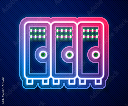 Glowing neon line Locker or changing room for hockey, football, basketball team or workers icon isolated on blue background. Vector