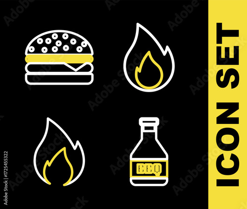 Set line Fire flame, Ketchup bottle, and Burger icon. Vector