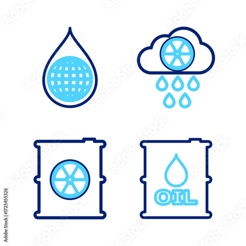Set line Oil barrel, Radioactive waste in, Acid rain and radioactive cloud and Earth planet water drop icon. Vector