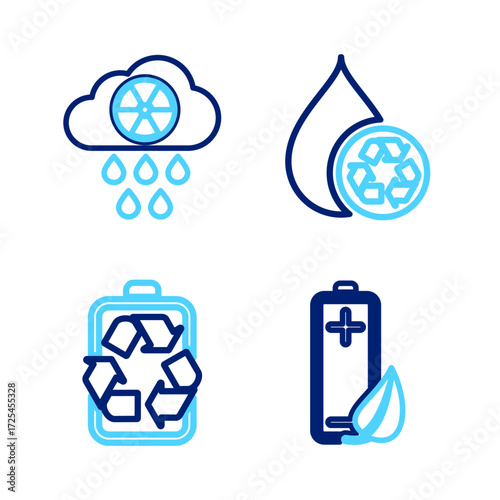 Set line Eco nature leaf and battery, Battery with recycle, Recycle clean aqua and Acid rain radioactive cloud icon. Vector