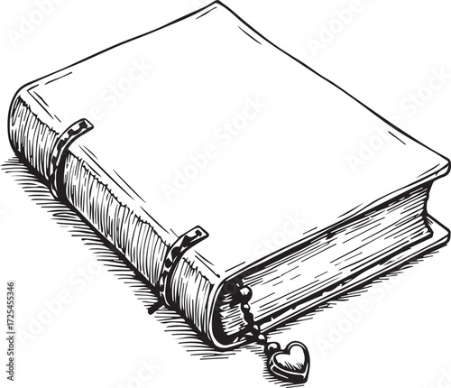 Old Book: A sketch-style image of a worn, hardcover book with a heart-shaped charm hanging from the bookmark, evokes a sense of nostalgia and the enduring appeal of the written word.
