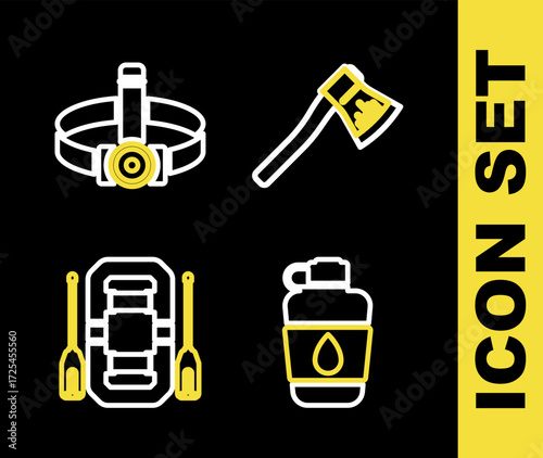 Set line Wooden axe, Canteen water bottle, Rafting boat and Head flashlight icon. Vector