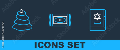 Set line Jewish torah book, Stack hot stones and Traditional carpet icon. Vector