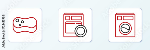 Set line Washer, Sponge and Kitchen dishwasher machine icon. Vector