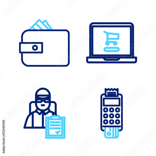 Set line POS terminal with credit card, Delivery man cardboard boxes, Shopping cart on laptop and Wallet paper money cash icon. Vector
