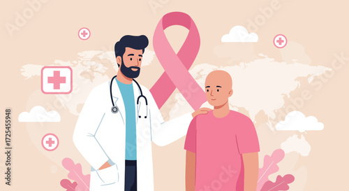 Doctor and Patient with Pink Ribbon Symbolizing Breast Cancer Awareness.