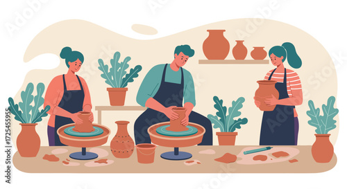 Diverse group of people actively engaged in pottery making shaping clay on wheels.
