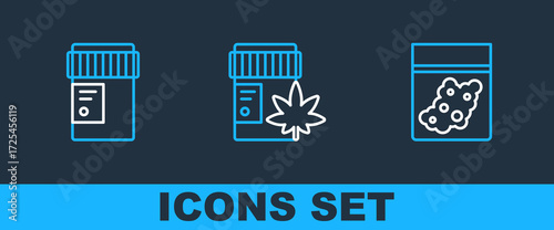 Set line Plastic bag of cannabis, Medical bottle with and marijuana icon. Vector