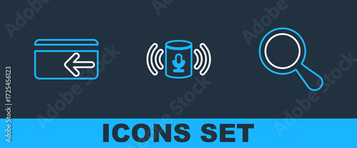 Set line Magnifying glass, Cash back and Voice assistant icon. Vector