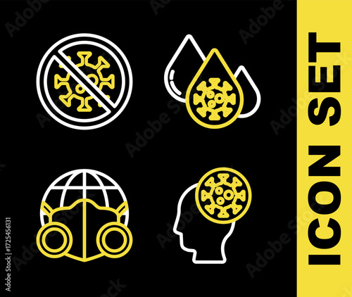 Set line Blood test and virus, Human, Earth with medical mask and Stop icon. Vector