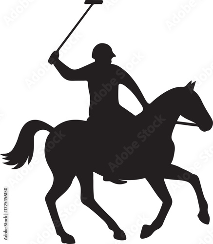 Silhouette vector of polo player riding horse, fast-paced equestrian sport action design.