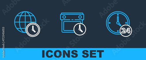 Set line Clock 24 hours, World time and Calendar and clock icon. Vector
