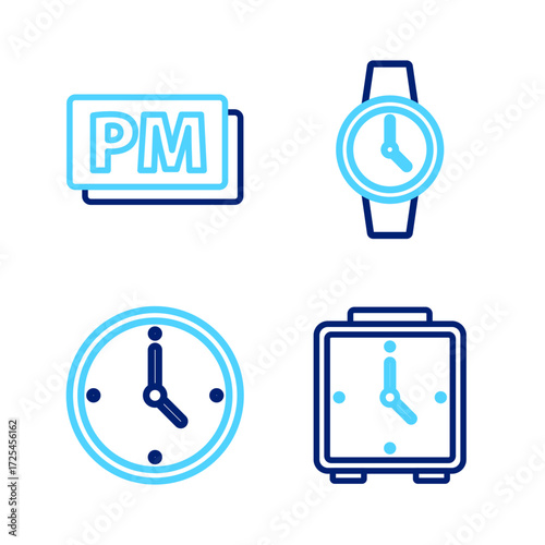 Set line Alarm clock, Clock, Wrist watch and PM icon. Vector