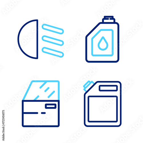 Set line Canister for gasoline, Car door, motor oil and High beam icon. Vector
