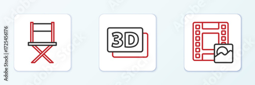 Set line Play Video, Director movie chair and 3D word icon. Vector
