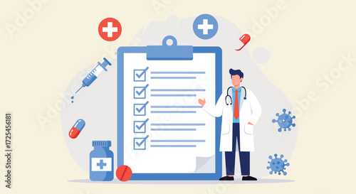 Doctor reviewing medical checklist with healthcare icons and syringe.