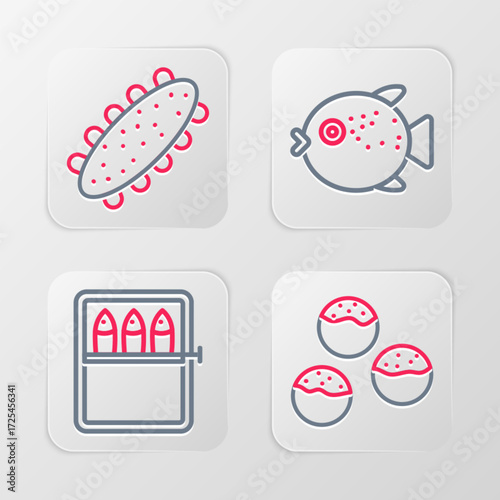 Set line Takoyaki, Canned fish, Puffer and Sea cucumber icon. Vector