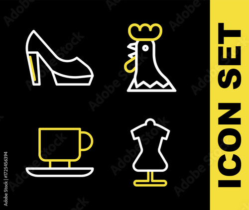 Set line French rooster, Mannequin, Coffee cup and Woman shoe icon. Vector