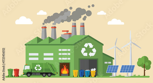 Green recycling factory with solar panels and wind turbines.
