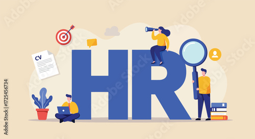 Human Resources Team Searching for Talent with Magnifying Glass and Binoculars.